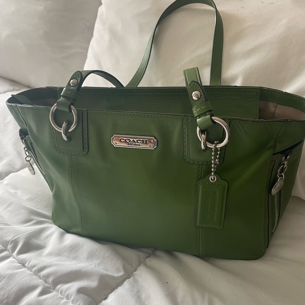 Coach Green Leather Tote with Silver Hardware